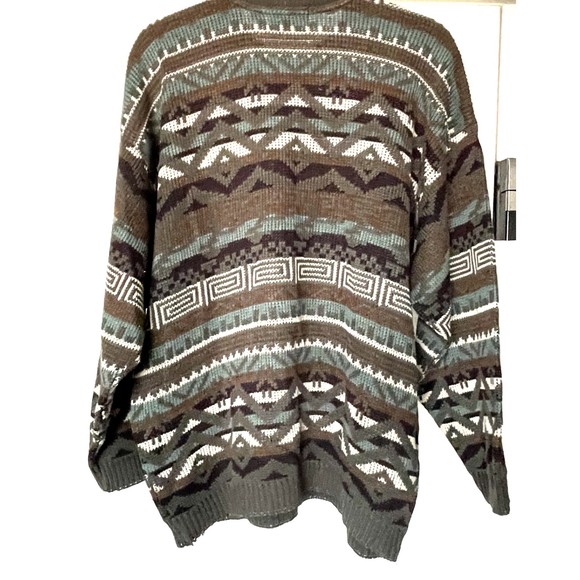 Vintage Tip Top Tailors Brown Teal Long Sleeve Aztec Fair Isle Men's Sweater M - Picture 2 of 10